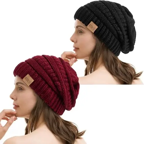 REDESS Slouchy Beanie Hat for Men and Women Winter Warm Chunky Soft Oversized Cable Knit Cap - REDESS