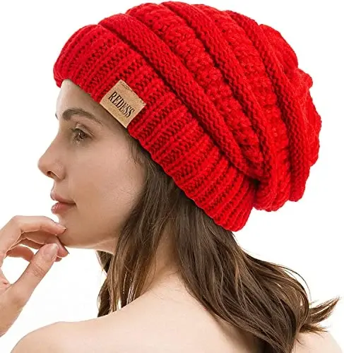 REDESS Slouchy Beanie Hat for Men and Women Winter Warm Chunky Soft Oversized Cable Knit Cap - REDESS