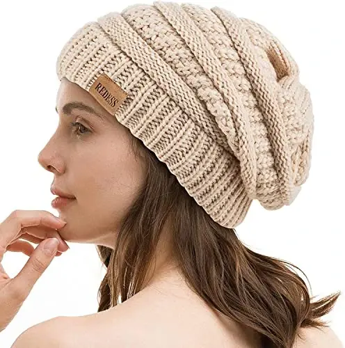 REDESS Slouchy Beanie Hat for Men and Women Winter Warm Chunky Soft Oversized Cable Knit Cap - REDESS