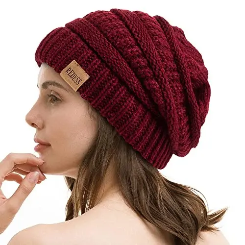 REDESS Slouchy Beanie Hat for Men and Women Winter Warm Chunky Soft Oversized Cable Knit Cap - REDESS