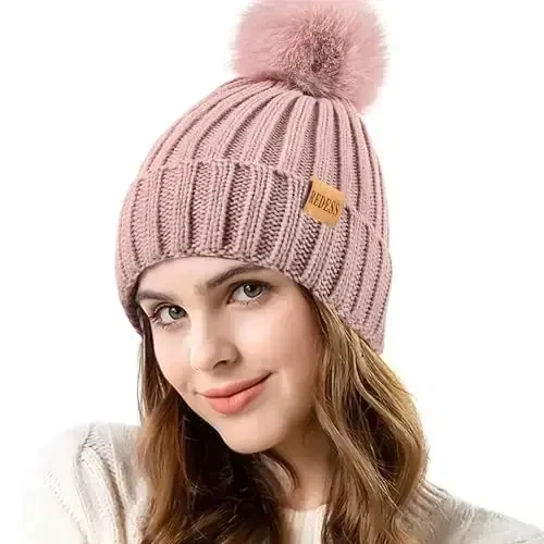 REDESS Womens Winter Knitted Beanie Hat Warm Fleece Lined with Pompom Cap Thick Slouchy Snow Knit Skull Ski Cap 