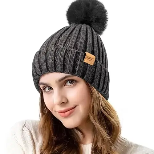 REDESS Womens Winter Knitted Beanie Hat Warm Fleece Lined with Pompom Cap Thick Slouchy Snow Knit Skull Ski Cap - 1