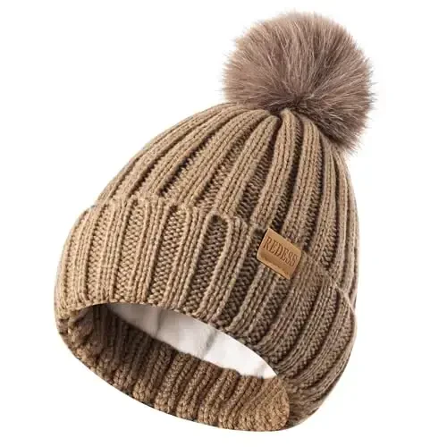 REDESS Womens Winter Knitted Beanie Hat Warm Fleece Lined with Pompom Cap Thick Slouchy Snow Knit Skull Ski Cap - 3