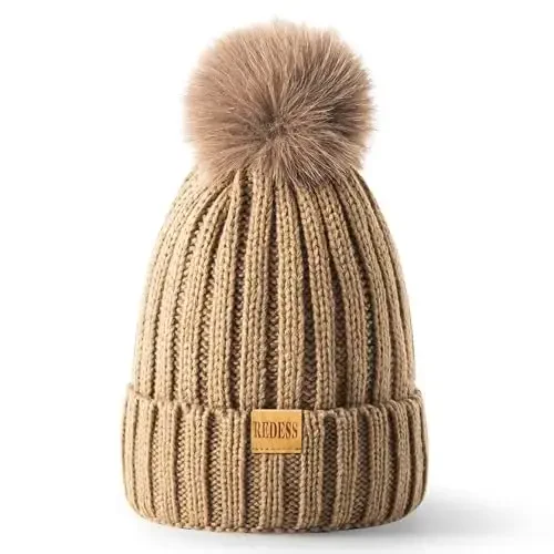 REDESS Womens Winter Knitted Beanie Hat Warm Fleece Lined with Pompom Cap Thick Slouchy Snow Knit Skull Ski Cap - REDESS (1)