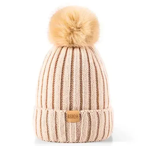 REDESS Womens Winter Knitted Beanie Hat Warm Fleece Lined with Pompom Cap Thick Slouchy Snow Knit Skull Ski Cap - 6