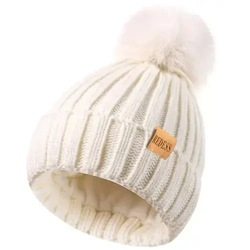 REDESS Womens Winter Knitted Beanie Hat Warm Fleece Lined with Pompom Cap Thick Slouchy Snow Knit Skull Ski Cap - 3