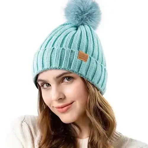 REDESS Womens Winter Knitted Beanie Hat Warm Fleece Lined with Pompom Cap Thick Slouchy Snow Knit Skull Ski Cap - 1