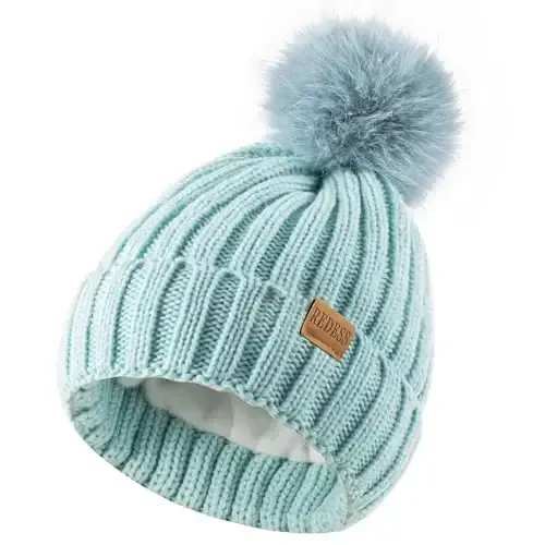 REDESS Womens Winter Knitted Beanie Hat Warm Fleece Lined with Pompom Cap Thick Slouchy Snow Knit Skull Ski Cap - 3