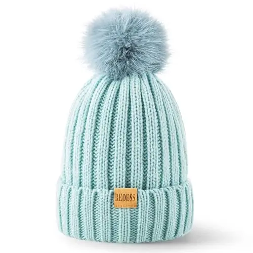 REDESS Womens Winter Knitted Beanie Hat Warm Fleece Lined with Pompom Cap Thick Slouchy Snow Knit Skull Ski Cap - 2