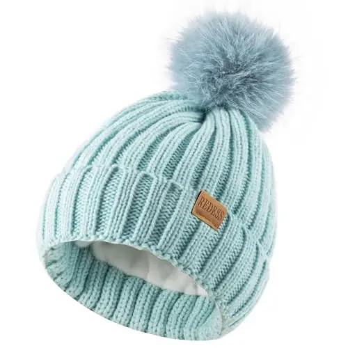 REDESS Womens Winter Knitted Beanie Hat Warm Fleece Lined with Pompom Cap Thick Slouchy Snow Knit Skull Ski Cap - 3