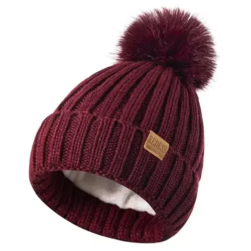 REDESS Womens Winter Knitted Beanie Hat Warm Fleece Lined with Pompom Cap Thick Slouchy Snow Knit Skull Ski Cap - 3