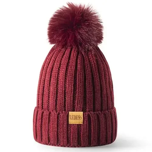 REDESS Womens Winter Knitted Beanie Hat Warm Fleece Lined with Pompom Cap Thick Slouchy Snow Knit Skull Ski Cap - REDESS (1)