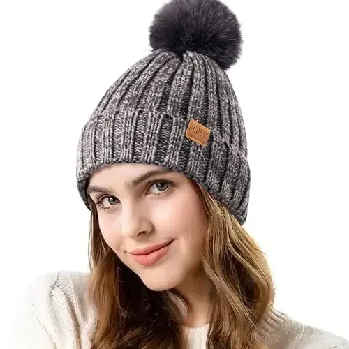 REDESS Womens Winter Knitted Beanie Hat Warm Fleece Lined with Pompom Cap Thick Slouchy Snow Knit Skull Ski Cap - REDESS