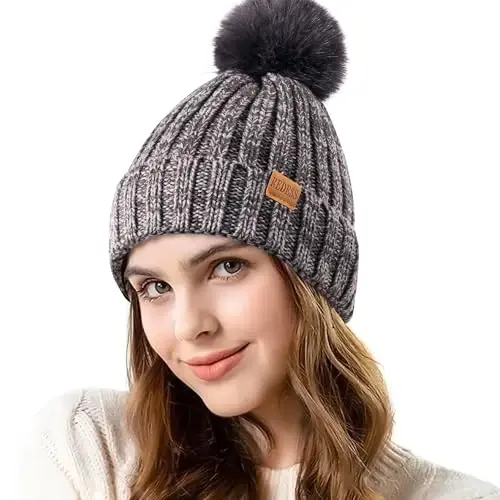 REDESS Womens Winter Knitted Beanie Hat Warm Fleece Lined with Pompom Cap Thick Slouchy Snow Knit Skull Ski Cap - 1