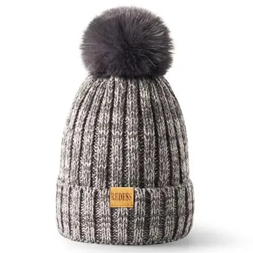 REDESS Womens Winter Knitted Beanie Hat Warm Fleece Lined with Pompom Cap Thick Slouchy Snow Knit Skull Ski Cap - REDESS (1)