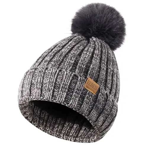 REDESS Womens Winter Knitted Beanie Hat Warm Fleece Lined with Pompom Cap Thick Slouchy Snow Knit Skull Ski Cap - 3