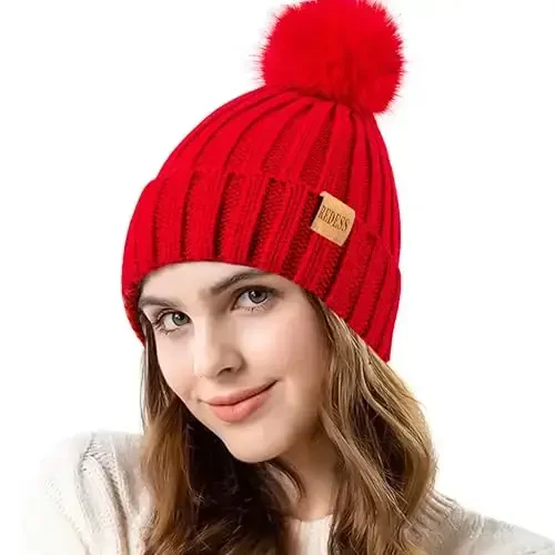 REDESS Womens Winter Knitted Beanie Hat Warm Fleece Lined with Pompom Cap Thick Slouchy Snow Knit Skull Ski Cap - MODAZONE