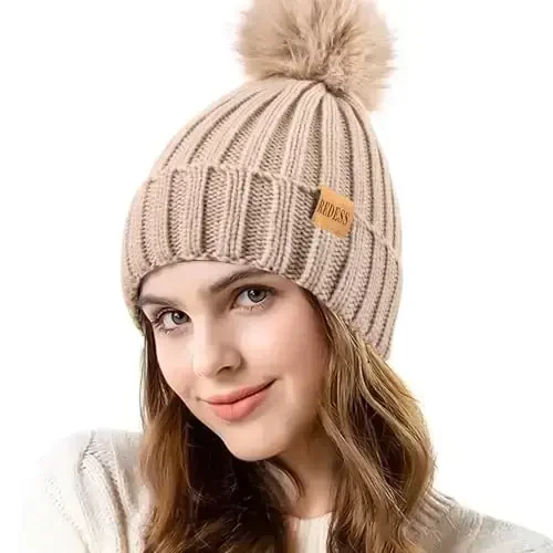 REDESS Womens Winter Knitted Beanie Hat Warm Fleece Lined with Pompom Cap Thick Slouchy Snow Knit Skull Ski Cap 