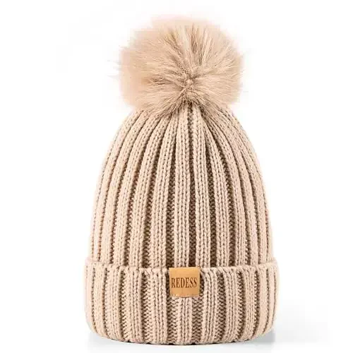 REDESS Womens Winter Knitted Beanie Hat Warm Fleece Lined with Pompom Cap Thick Slouchy Snow Knit Skull Ski Cap - Modazone (1)