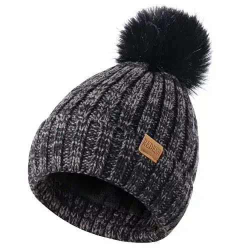 REDESS Womens Winter Knitted Beanie Hat Warm Fleece Lined with Pompom Cap Thick Slouchy Snow Knit Skull Ski Cap - 3