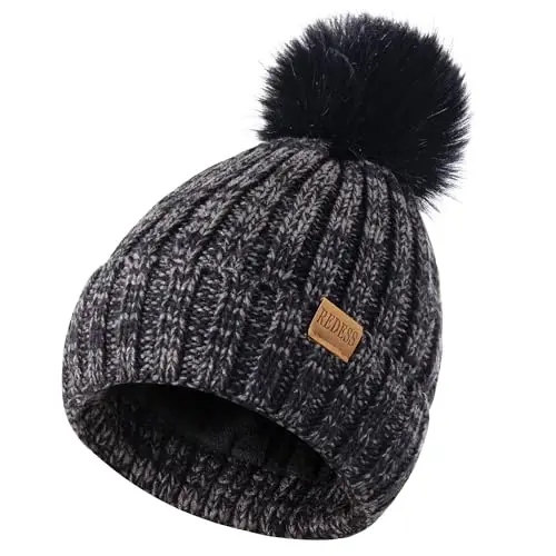 REDESS Womens Winter Knitted Beanie Hat Warm Fleece Lined with Pompom Cap Thick Slouchy Snow Knit Skull Ski Cap - 3