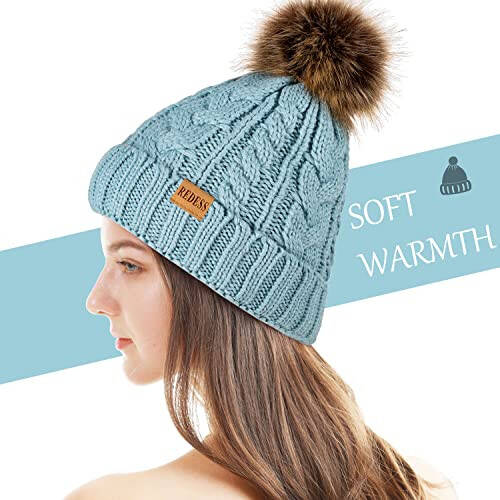 REDESS Women Winter Pompom Beanie Hat with Warm Fleece Lined, Thick Slouchy Snow Knit Skull Ski Cap - 3