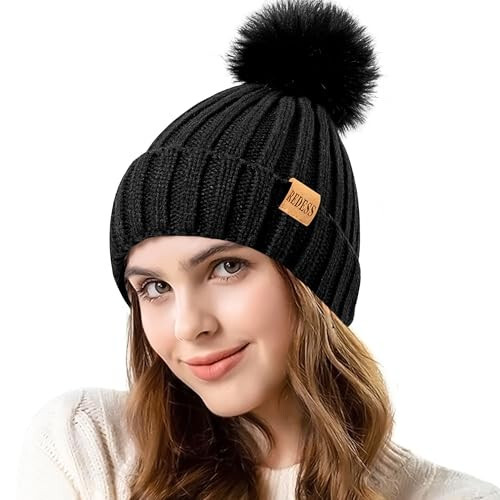 REDESS Womens Winter Knitted Beanie Hat Warm Fleece Lined with Pompom Cap Thick Slouchy Snow Knit Skull Ski Cap - 1