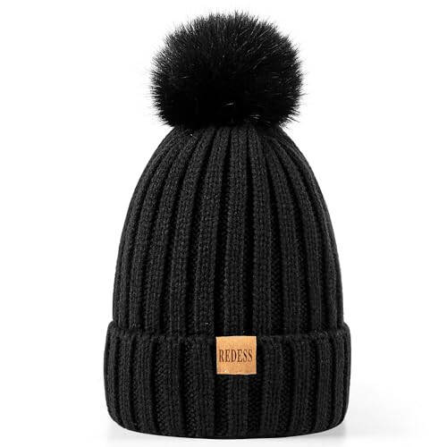 REDESS Womens Winter Knitted Beanie Hat Warm Fleece Lined with Pompom Cap Thick Slouchy Snow Knit Skull Ski Cap - 2