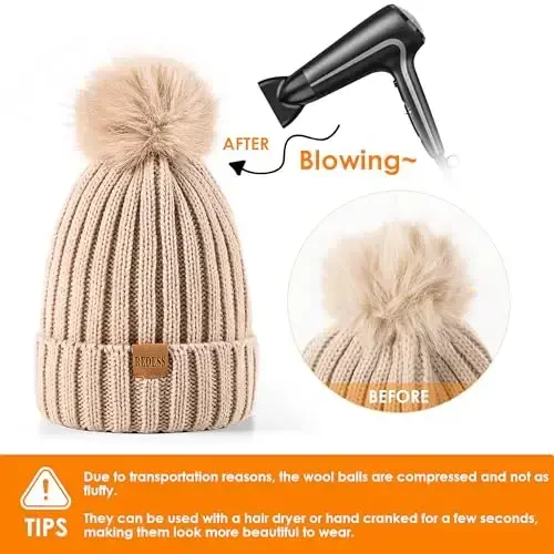 REDESS Womens Winter Knitted Beanie Hat Warm Fleece Lined with Pompom Cap Thick Slouchy Snow Knit Skull Ski Cap - 2