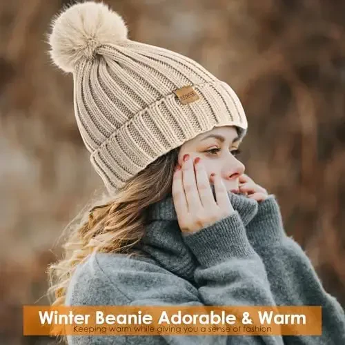 REDESS Womens Winter Knitted Beanie Hat Warm Fleece Lined with Pompom Cap Thick Slouchy Snow Knit Skull Ski Cap - 3