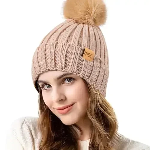 REDESS Womens Winter Knitted Beanie Hat Warm Fleece Lined with Pompom Cap Thick Slouchy Snow Knit Skull Ski Cap - 5