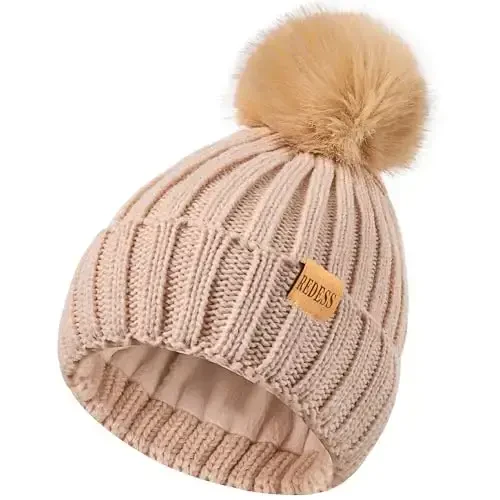 REDESS Womens Winter Knitted Beanie Hat Warm Fleece Lined with Pompom Cap Thick Slouchy Snow Knit Skull Ski Cap - 7