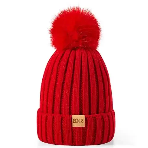 REDESS Womens Winter Knitted Beanie Hat Warm Fleece Lined with Pompom Cap Thick Slouchy Snow Knit Skull Ski Cap - 2