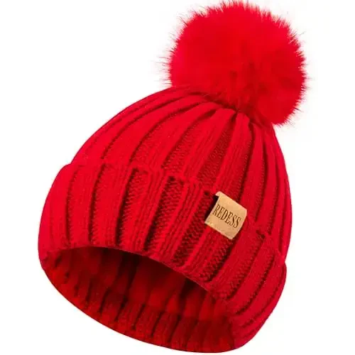 REDESS Womens Winter Knitted Beanie Hat Warm Fleece Lined with Pompom Cap Thick Slouchy Snow Knit Skull Ski Cap - 3