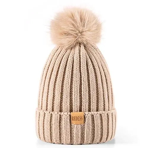 REDESS Womens Winter Knitted Beanie Hat Warm Fleece Lined with Pompom Cap Thick Slouchy Snow Knit Skull Ski Cap - Modazone (1)