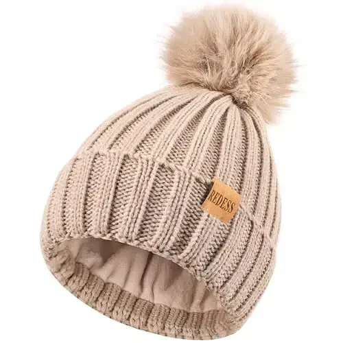REDESS Womens Winter Knitted Beanie Hat Warm Fleece Lined with Pompom Cap Thick Slouchy Snow Knit Skull Ski Cap - 3