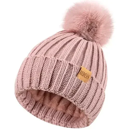 REDESS Womens Winter Knitted Beanie Hat Warm Fleece Lined with Pompom Cap Thick Slouchy Snow Knit Skull Ski Cap - 3