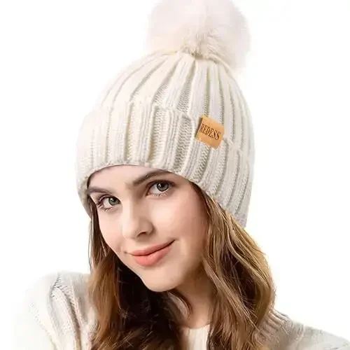 REDESS Womens Winter Knitted Beanie Hat Warm Fleece Lined with Pompom Cap Thick Slouchy Snow Knit Skull Ski Cap - Modazone