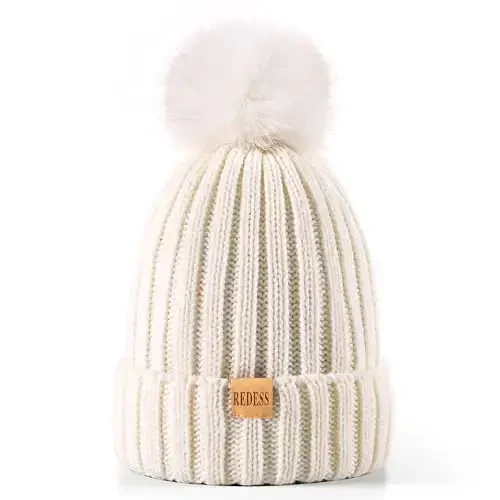 REDESS Womens Winter Knitted Beanie Hat Warm Fleece Lined with Pompom Cap Thick Slouchy Snow Knit Skull Ski Cap - 2