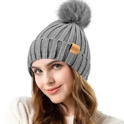 REDESS Womens Winter Knitted Beanie Hat Warm Fleece Lined with Pompom Cap Thick Slouchy Snow Knit Skull Ski Cap - Modazone