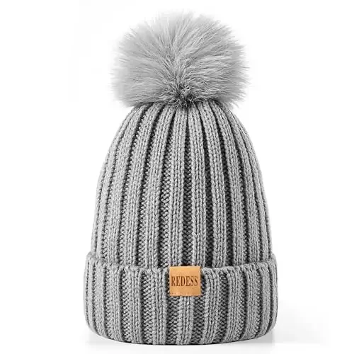 REDESS Womens Winter Knitted Beanie Hat Warm Fleece Lined with Pompom Cap Thick Slouchy Snow Knit Skull Ski Cap - 2