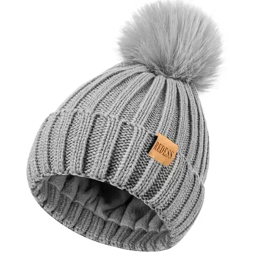 REDESS Womens Winter Knitted Beanie Hat Warm Fleece Lined with Pompom Cap Thick Slouchy Snow Knit Skull Ski Cap - 3