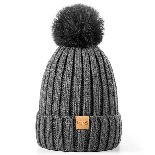 REDESS Womens Winter Knitted Beanie Hat Warm Fleece Lined with Pompom Cap Thick Slouchy Snow Knit Skull Ski Cap - 2