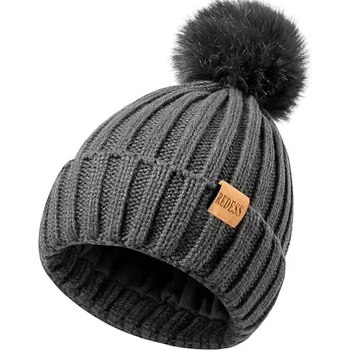 REDESS Womens Winter Knitted Beanie Hat Warm Fleece Lined with Pompom Cap Thick Slouchy Snow Knit Skull Ski Cap - 3