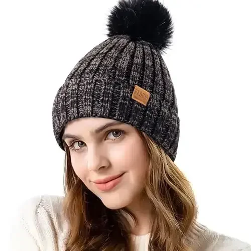 REDESS Womens Winter Knitted Beanie Hat Warm Fleece Lined with Pompom Cap Thick Slouchy Snow Knit Skull Ski Cap 
