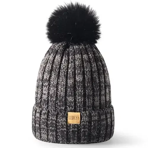 REDESS Womens Winter Knitted Beanie Hat Warm Fleece Lined with Pompom Cap Thick Slouchy Snow Knit Skull Ski Cap - 2