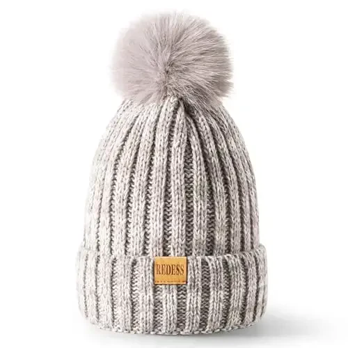 REDESS Womens Winter Knitted Beanie Hat Warm Fleece Lined with Pompom Cap Thick Slouchy Snow Knit Skull Ski Cap - 2