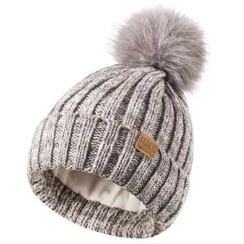 REDESS Womens Winter Knitted Beanie Hat Warm Fleece Lined with Pompom Cap Thick Slouchy Snow Knit Skull Ski Cap - 3