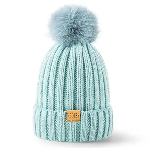 REDESS Womens Winter Knitted Beanie Hat Warm Fleece Lined with Pompom Cap Thick Slouchy Snow Knit Skull Ski Cap - 2