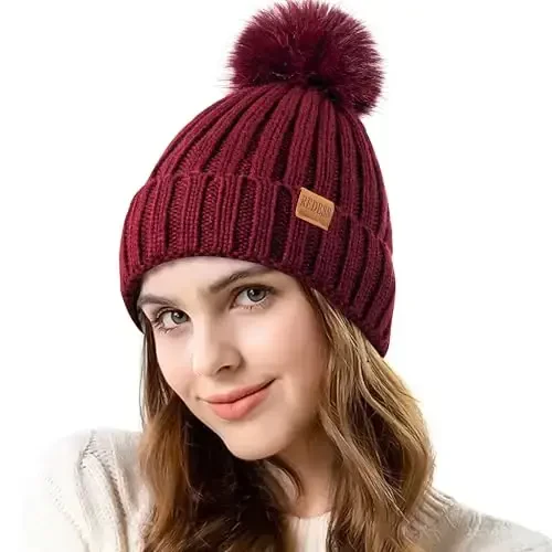 REDESS Womens Winter Knitted Beanie Hat Warm Fleece Lined with Pompom Cap Thick Slouchy Snow Knit Skull Ski Cap - REDESS